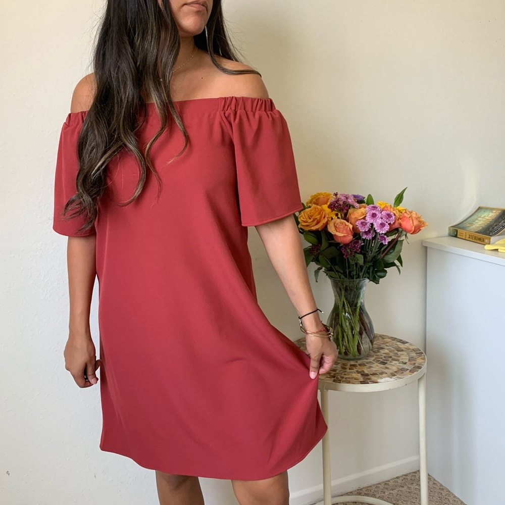 Over The Shoulder Maroon / Coral Dress